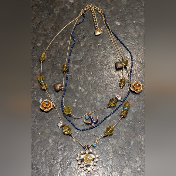 Betsey Johnson Blue and Gold Layered Necklace with Floral Charms - Picture 7 of 7